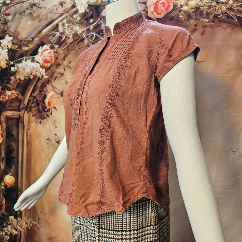 Terracotta Rust Embroidered Boho Blouse Mandarin Collar Cap Sleeve Top Shirt M